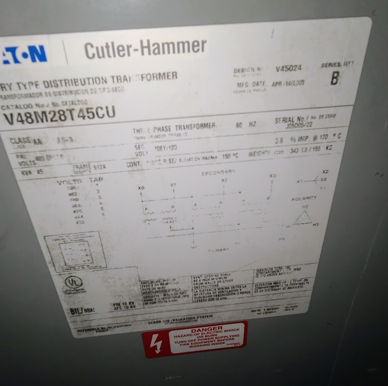 Eaton / Cutler Hammer Dry Type 45 KVA Transformer Primary 480 Delta x Secondary 208Y/120 V48M28T45CU
