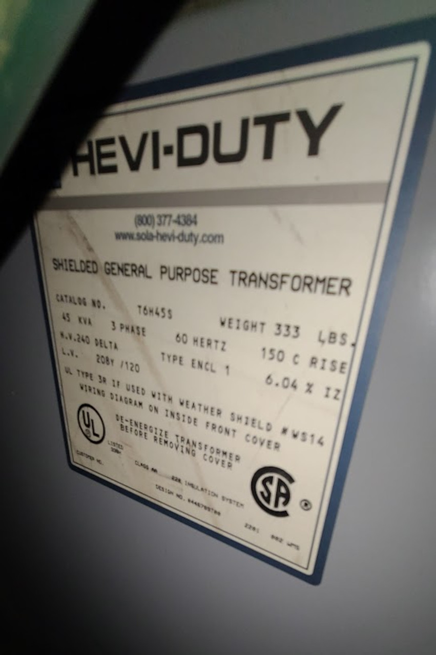 Sola Hevi-Duty 45 KVA Dry Type Transformer Primary 240 D x Secondary 208Y/120 T6H45S
