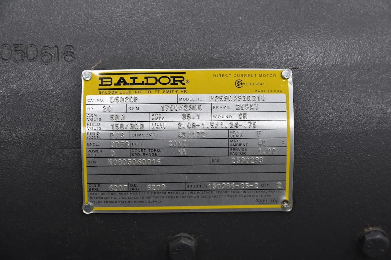 Baldor 20 HP 1750/2300RPM, DC, 259AT, Motor D5020P