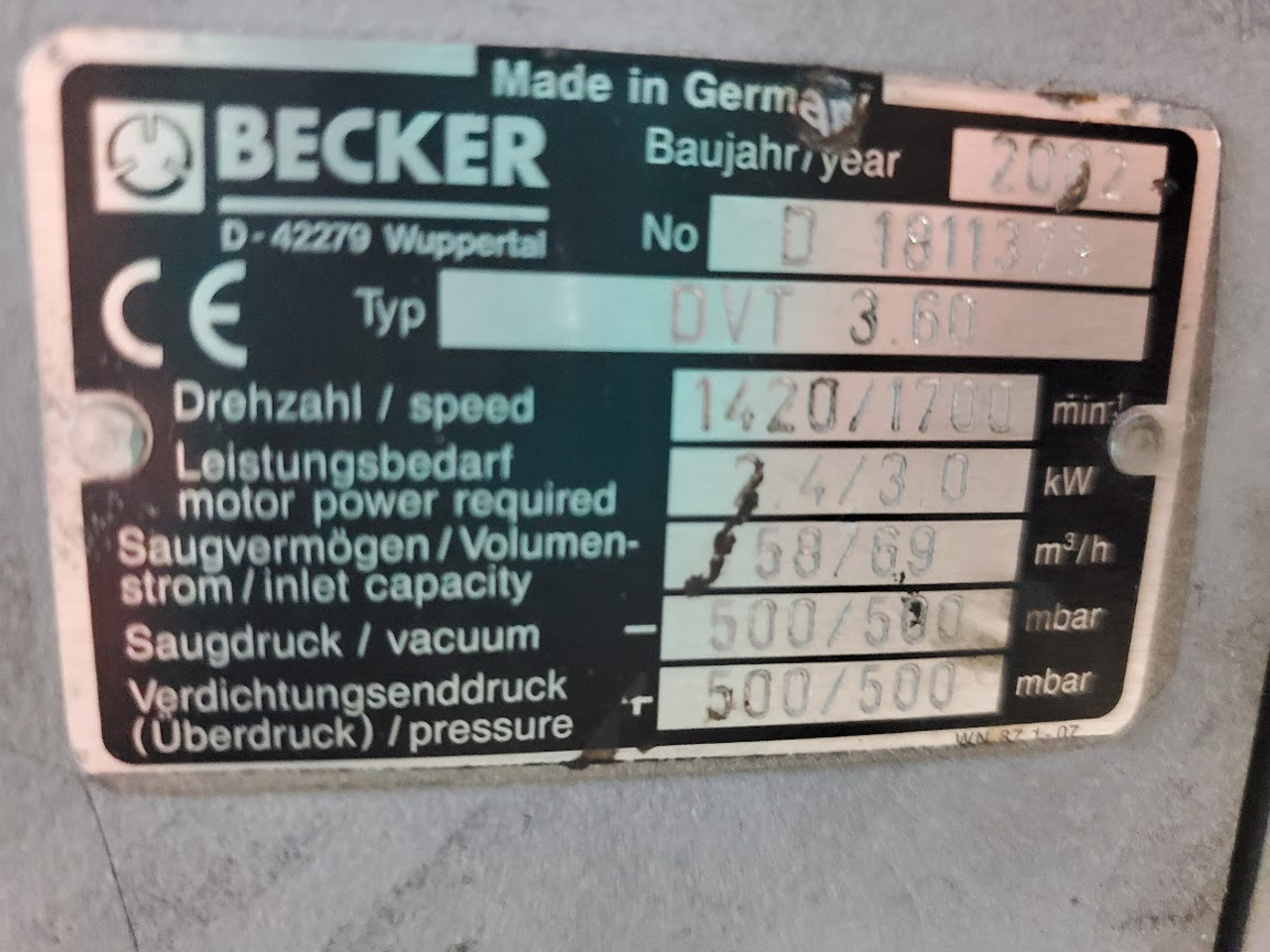 Becker 2002 2.4/3 kW 58/69 m3/h Dry Pump DVT 3.6