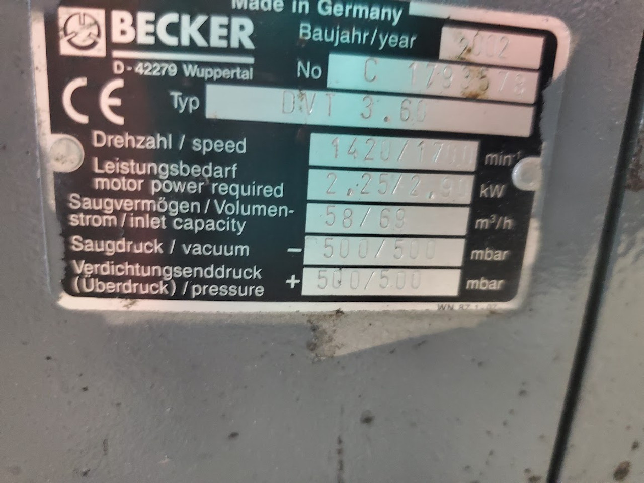 Becker 2002 2.25/2.9 kW 58/69 m3/h Dry Pump DVT 3.6