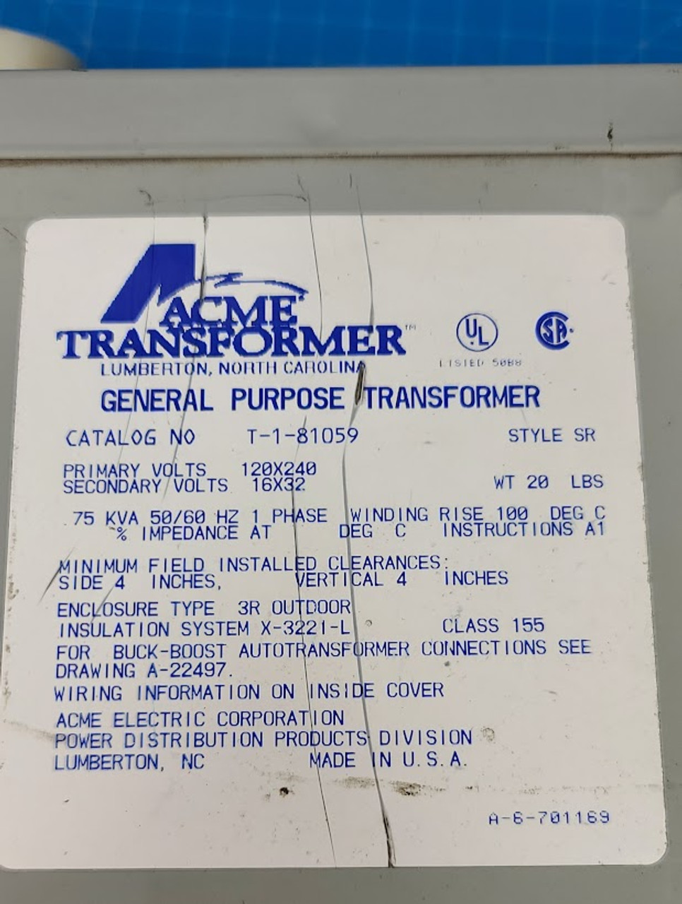 Acme Transformer 75 kVA 1 Phase 120/240 x 16/32 VAC General Purpose Transformer T-1-81059