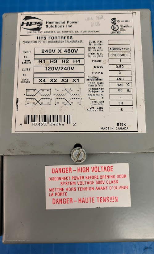 Hammond 500 VA Prim. 240 x 480V x Sec. 120/240 V Transformer C1FC50LE