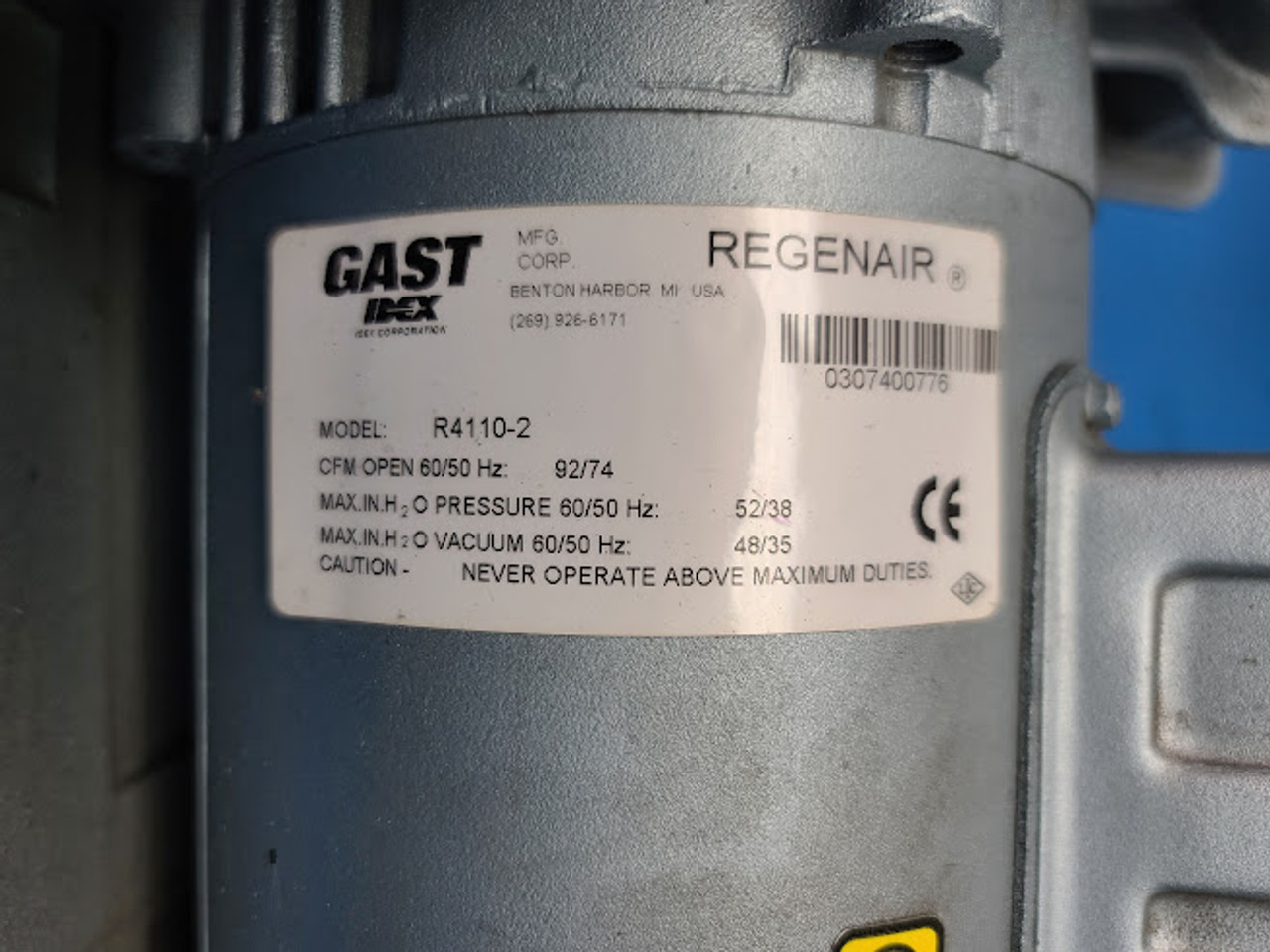 Gast Stock 1 HP 92cfm Regenerative Blower R4110-2