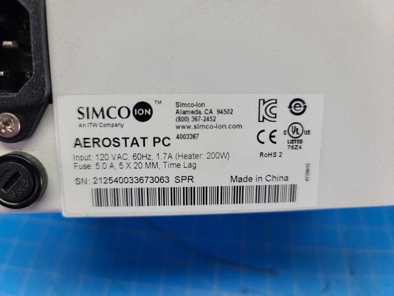 Simco Ion Aerostat PC 120VAC 1.7A Air Ionizer 4003367