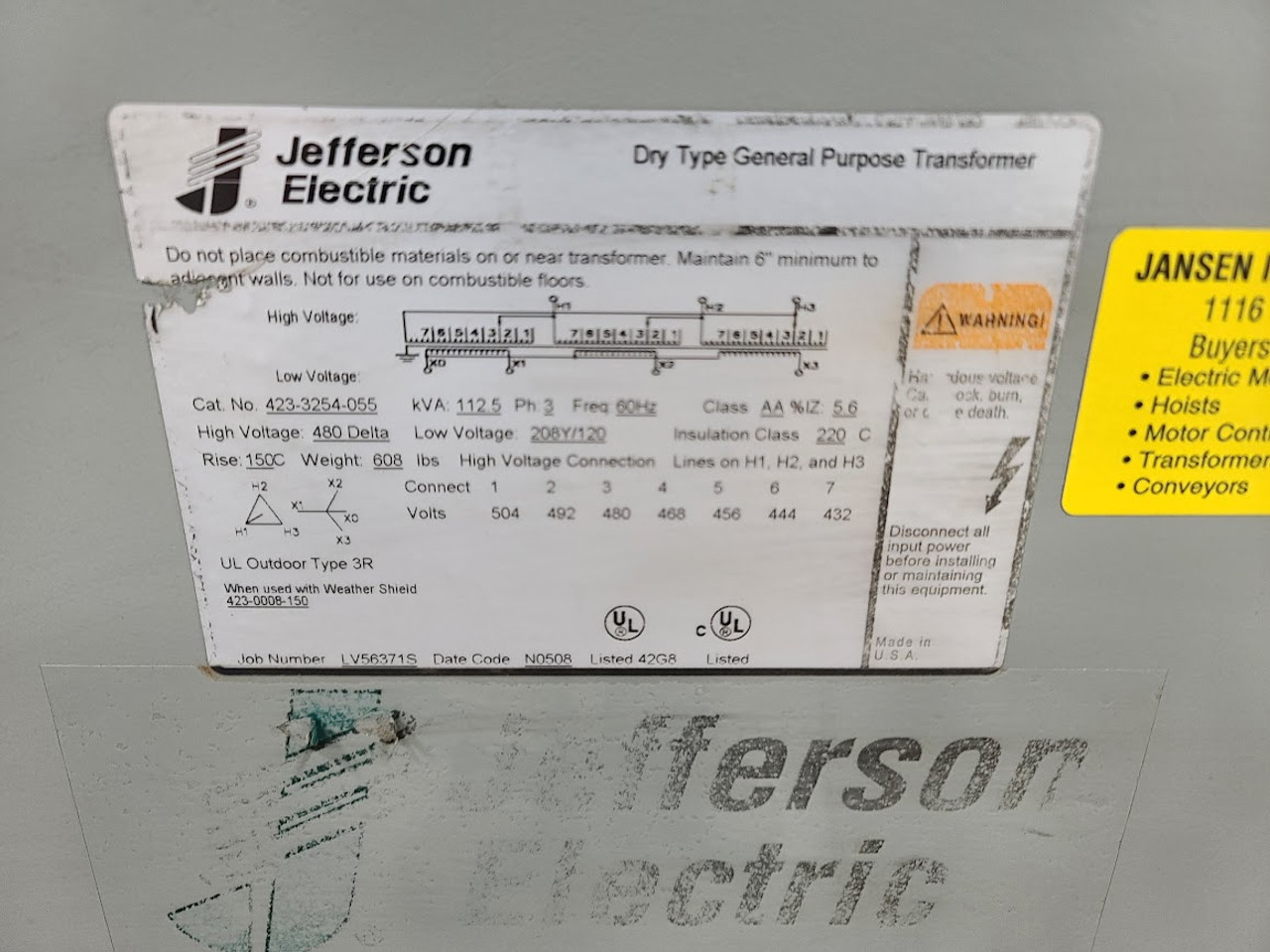 Jefferson Electric 480 x 208Y/120 112.5kVA Transformer 423-3254-055