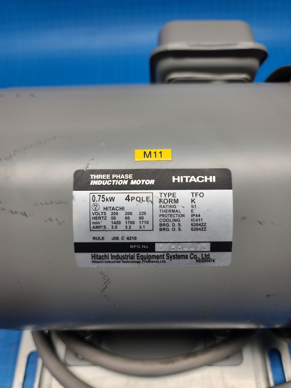 Hitachi 3Ph .75kW 4P 200-220V 3.5-3.1A Induction Motor