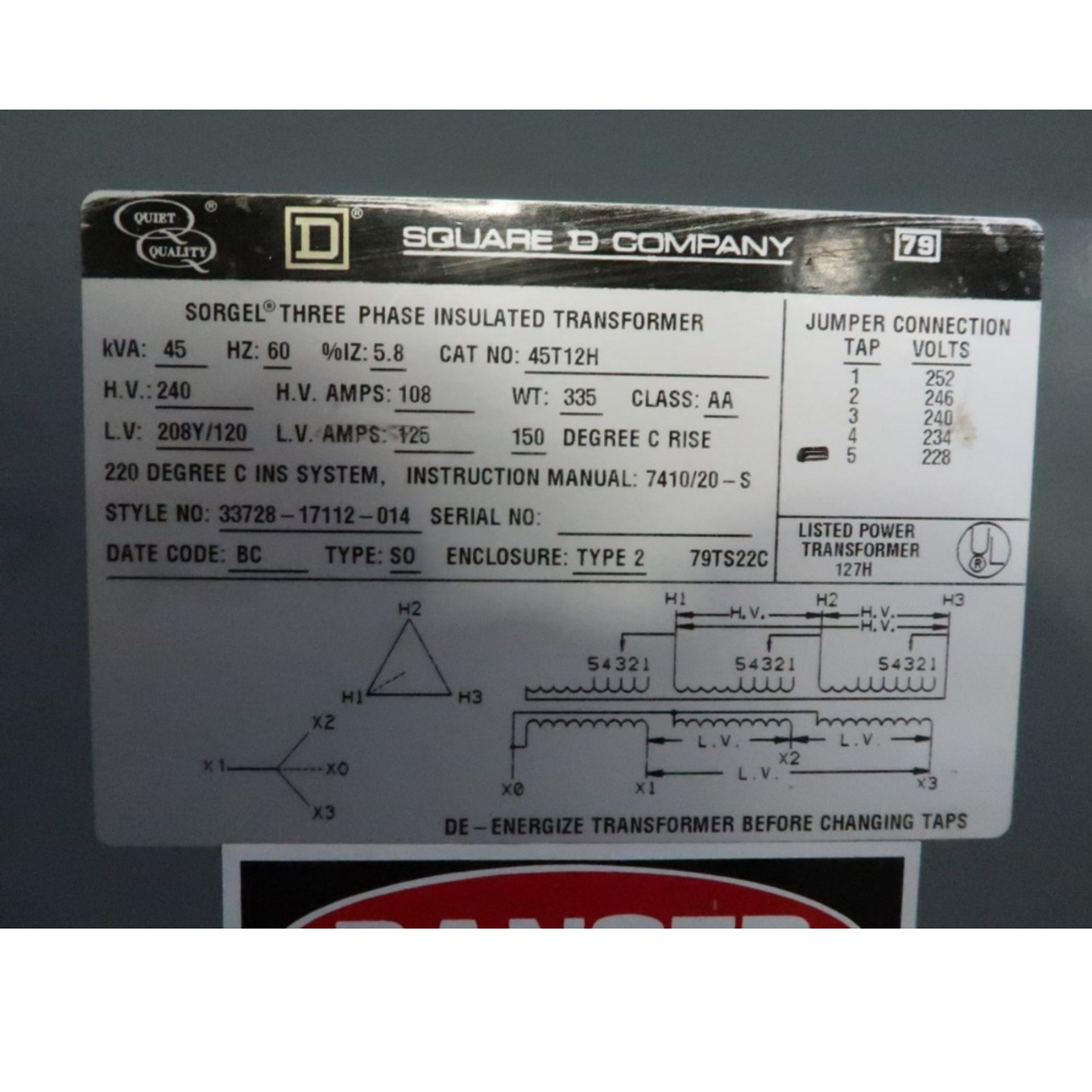 Sqaure D 45 kVA 240V 108A x 208Y/120 V 125A Transformer 45T12H