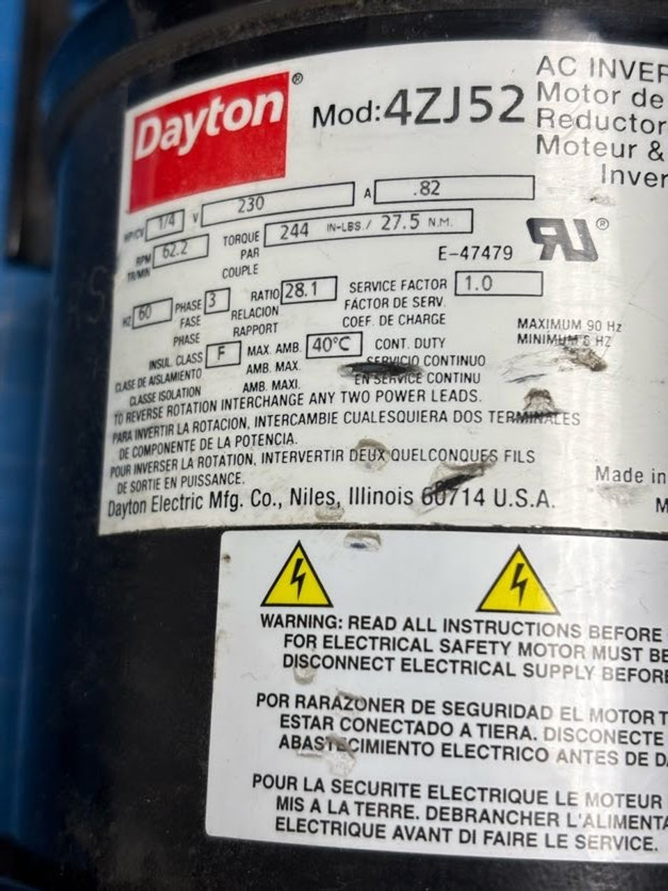 Dayton 1/4 HP 230V 60 RPM Motor 4ZJ52