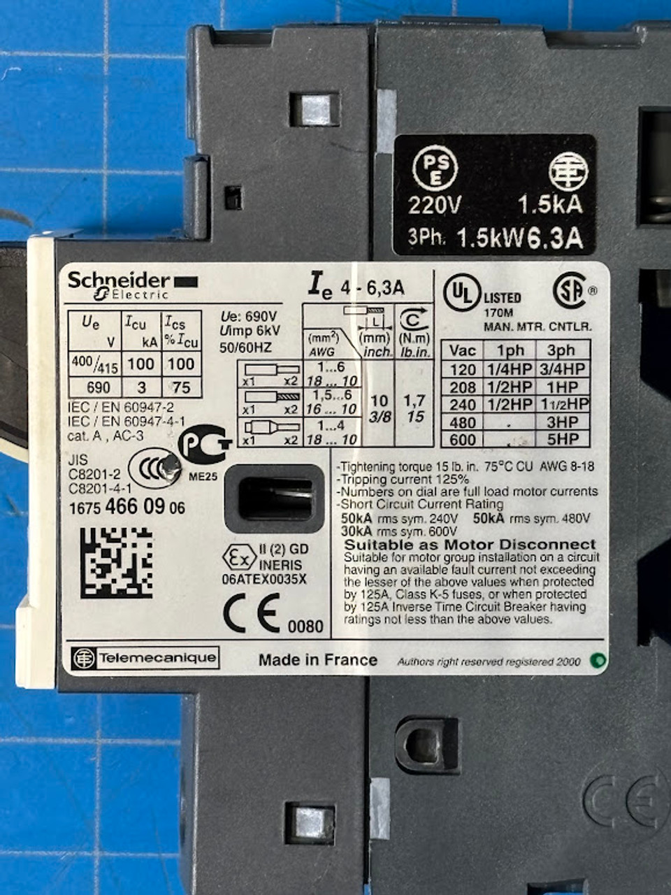 Schneider Electric 220V 6.3A Circuit Breaker GV2ME10