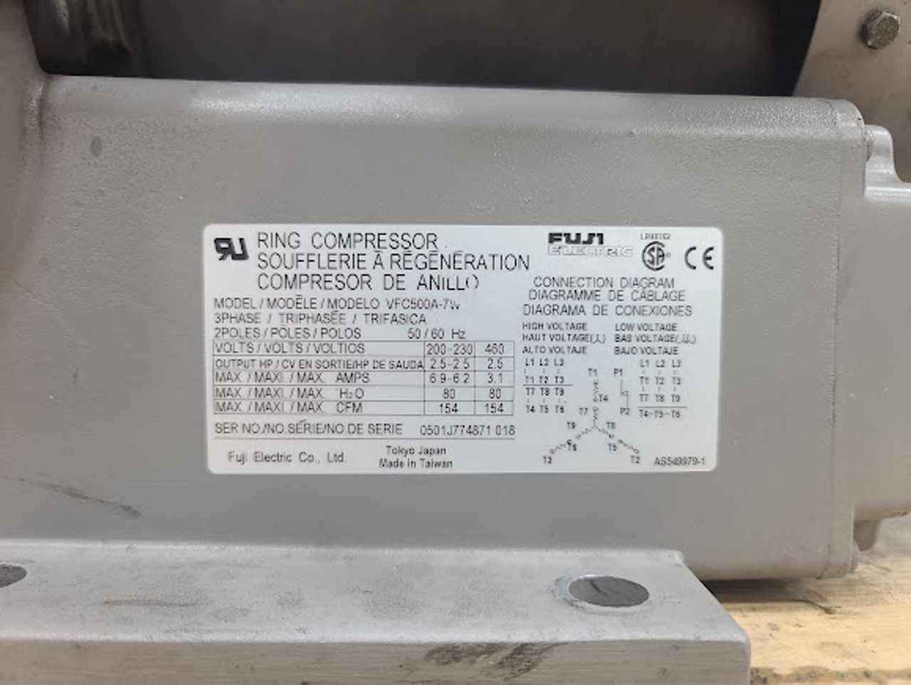 Fuji Electric 460V 3.1A 2Pole Ring Compressor Regenerative Blower Motor VFC500A-7W