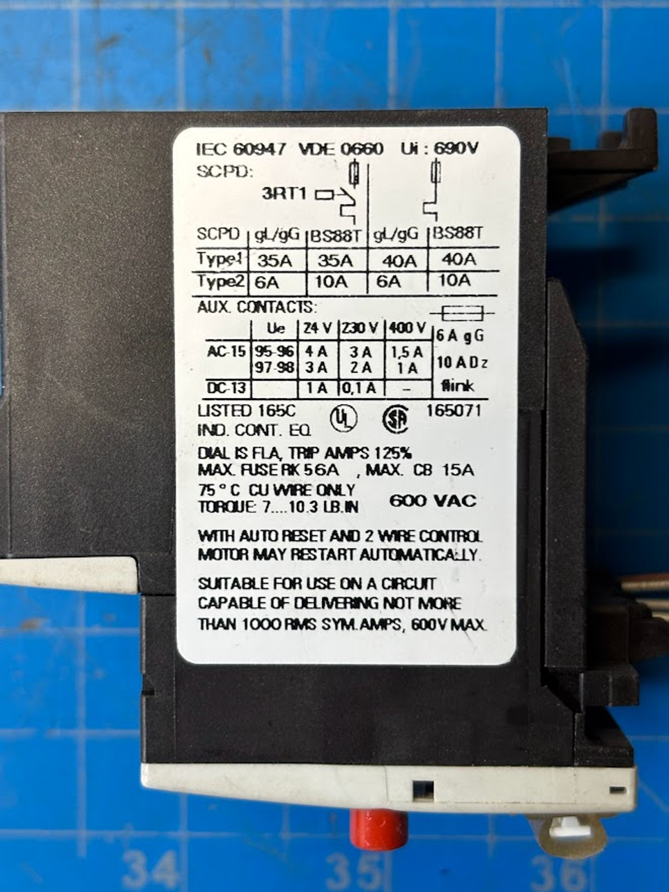 Siemens 15A 600VAC Overload Relay 3RU1116-1AB0