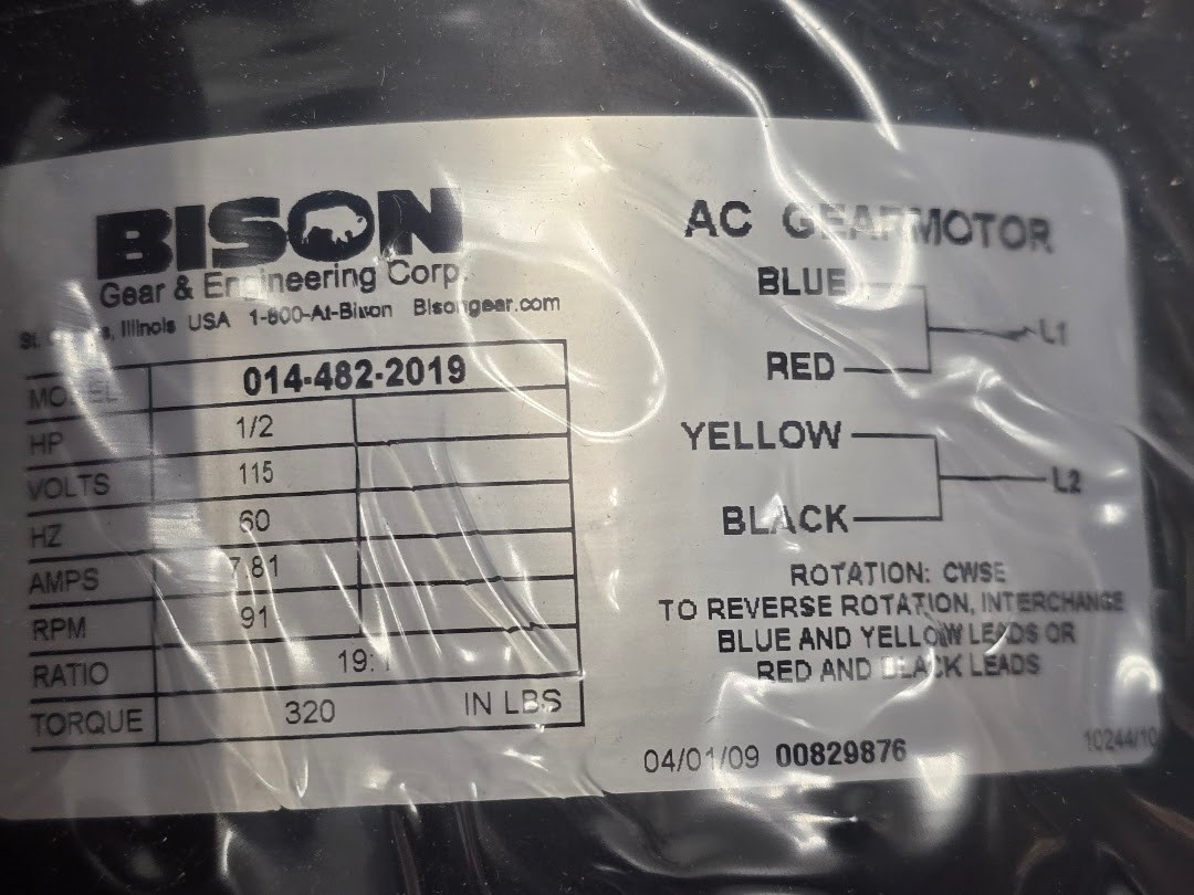 Bison 1/2 HP 115V 60hz 7.91A 91RPM 320torque AC Gear Motor 5KH36NNB054A