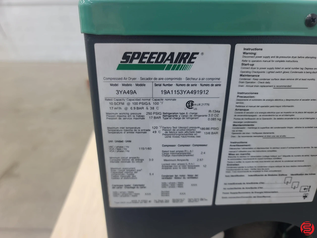Speedaire Refrigerated Compressed Air Dryer 3YA49