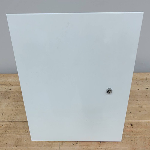 Multi-Purpose Industrial Lockable Cabinet 12 x 14 x 4.5 White Steel Recessed Mounted Adjustable, (2) 1.25" KO Top and Bottom, Corner is bent, needs repaired before sol CAB84