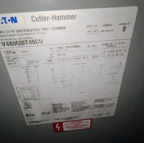 Eaton / Cutler Hammer Dry Type 45 KVA Transformer Primary 480 Delta x Secondary 208Y/120 V48M28T45CU