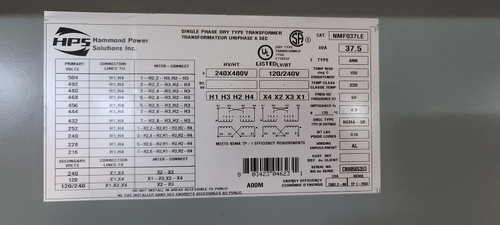 Hammond 37.5 kVA Dry Type Transformer Primary 240 x 480 x 120/240V NMF037LE
