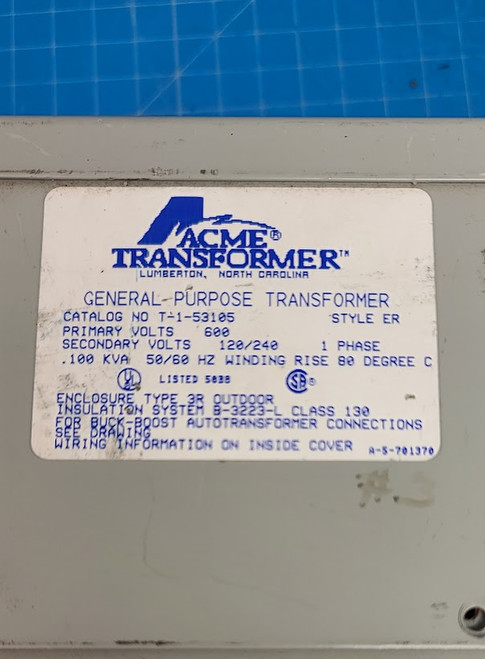 Hubbel Acme 100 VA Prim. 600 x Secondary 120/240 VAC Transformer