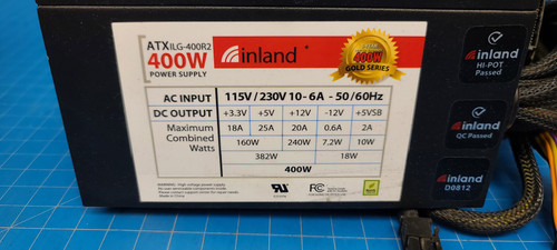 Inland ATX 400W Power Supply No Power Cord ILG-400R2