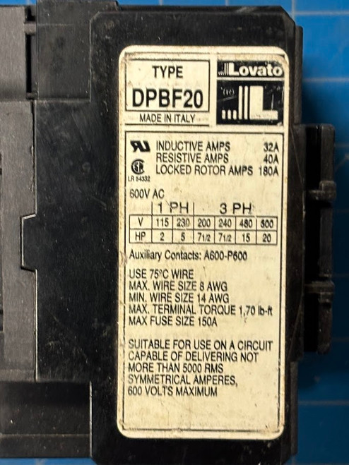 Lovato 600V Contactor DPBF20.10