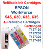 4 Refillable Ink Cartridges with auto reset chip for EPSON WorkForce 545 630 633 635 Printers