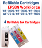 4 Refillable Cartridges Epson WorkForce WF-3540, WF-7010, WF-7510, WF-7520 printers