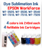 4 Refillable Ink Cartridges (empty) 4 240ml bottles Dye Sublimation Ink Package 
Epson WorkForce WF-3540, WF-7010, WF-7510, WF-7520 printers