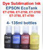 4- 135ml bottles Dye Sublimation Bottle Ink for EPSON EcoTank ET-2700 ET-2750 ET-3700 ET-3750 ET-4750 Printer
Included in package: 1- Black, 1- Cyan, 1- Magenta, 1- Yellow 135ml bottles of Dye Sublimation Ink