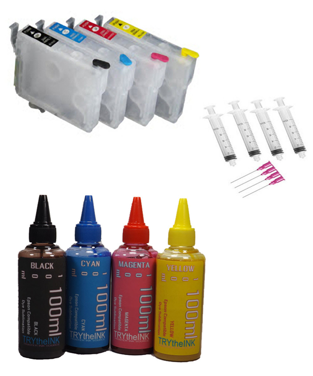 4- Refillable Ink Cartridges 4- Dye Sublimation Ink 100ml bottles for Epson Expression Home XP-200 XP-300 XP-310 XP-400 XP-410 Printers