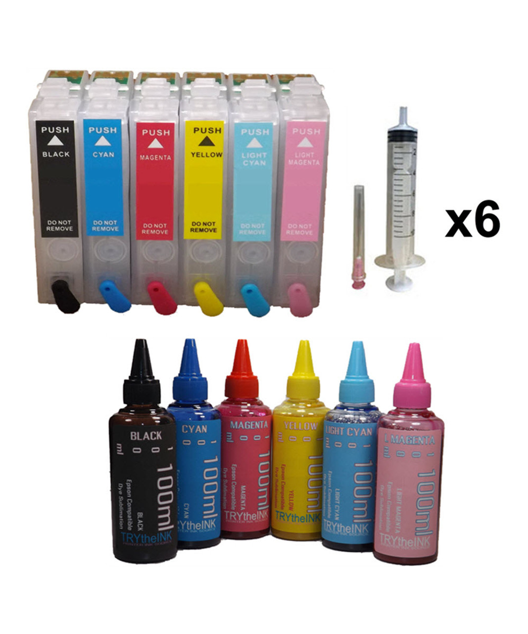 6- Dye Sublimation Ink 100ml Bottles 6- Refillable Ink Cartridges for Epson Stylus Photo R260 R280 R380 RX580 RX595 RX680 printers