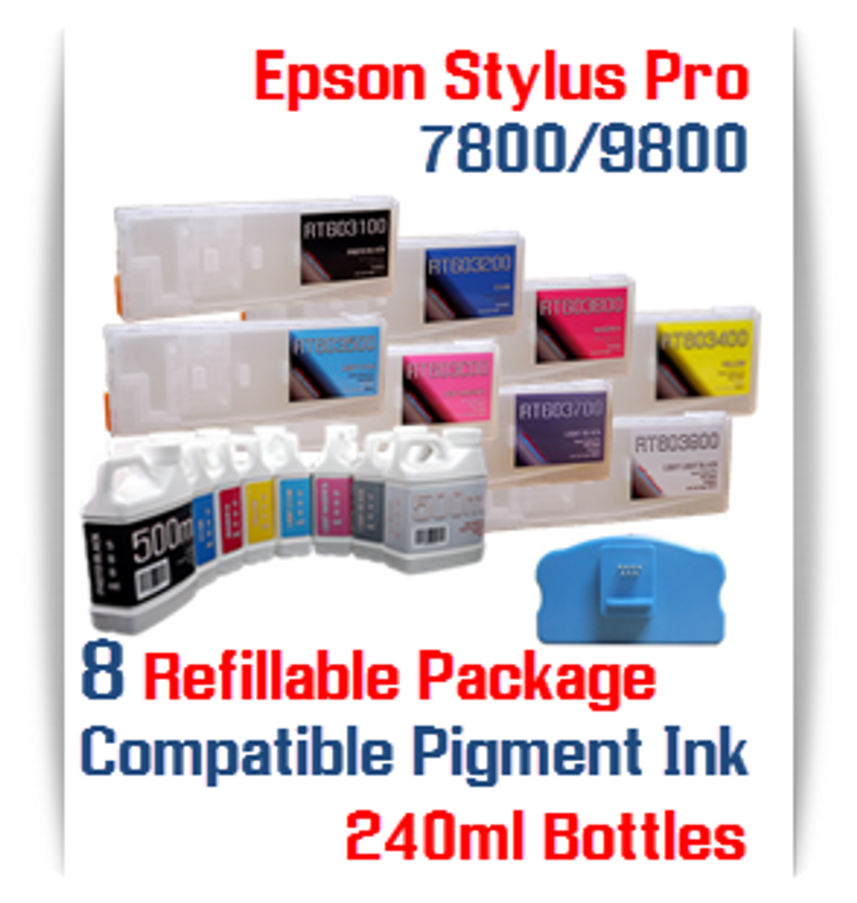 8 Refillable Cartridge Package with 8 Bottles Pigment Ink Epson Stylus Pro  7800, 9800 Printer Compatible Ink Cartridges 350ml