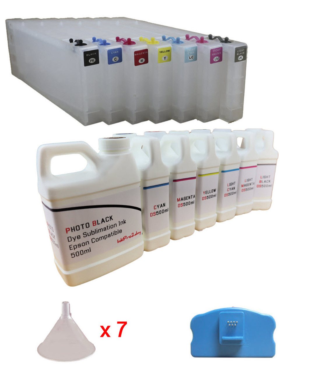 7 Refillable Ink Cartridge Package with 500ml Bottles Dye Sublimation Ink for Epson Stylus Pro 7600, 9600 Printers