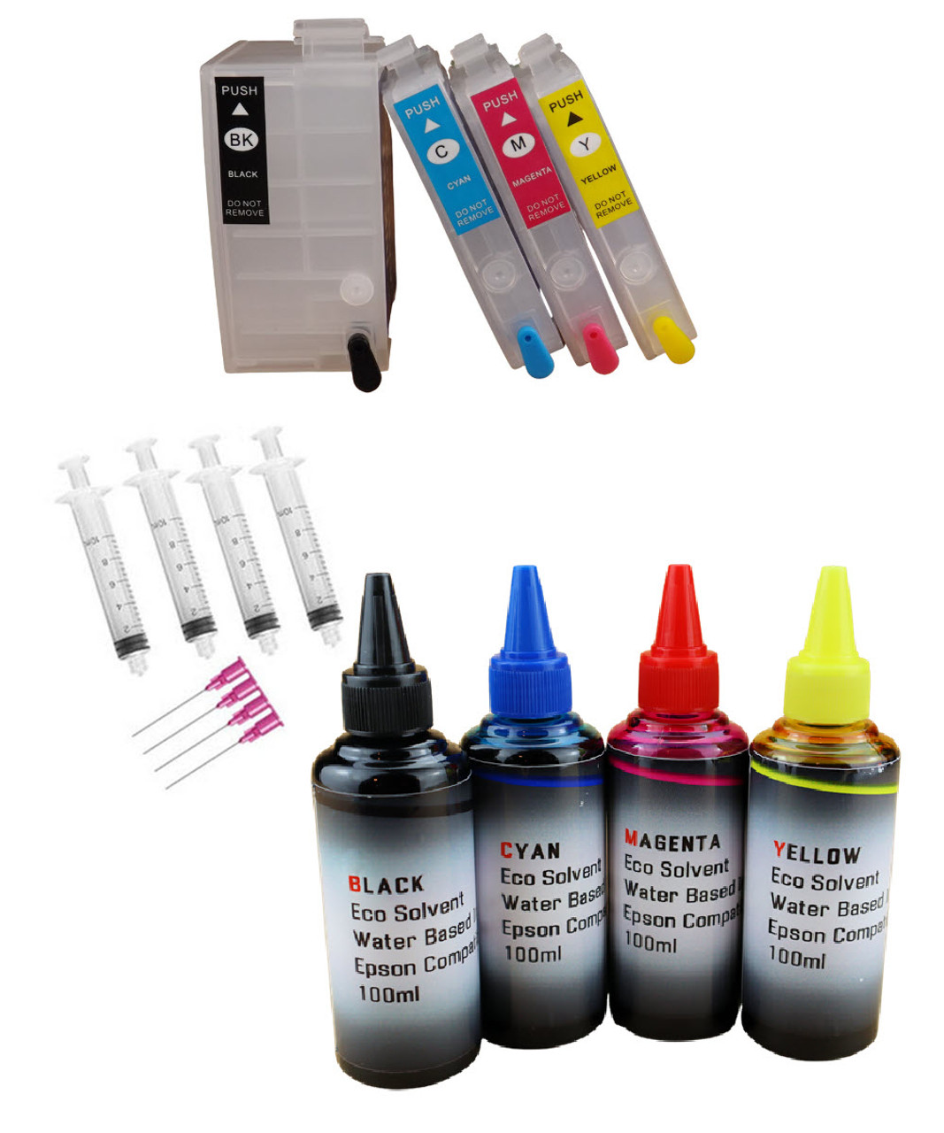 Water Based Eco Solvent Ink 4- 100ml Bottles 4- Refillable Ink Cartridges with auto reset chips for WorkForce WF-7110 WF-7610 WF-7620 Printers