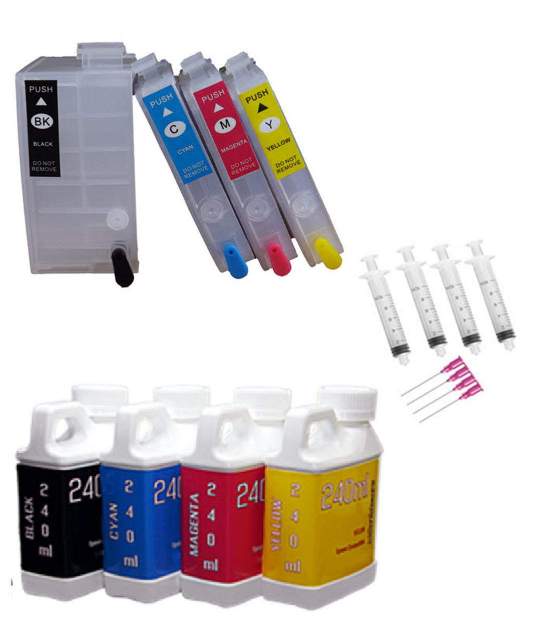 4 Refillable Ink Cartridges (empty) 4 240ml Dye Sublimation Ink Package for Epson WorkForce WF-7210, WorkForce WF-7710, WorkForce WF-7720 Printers