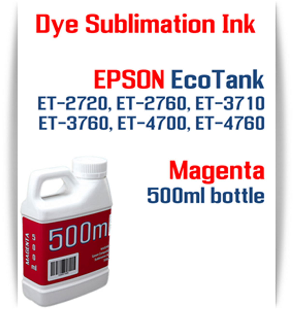 Magenta EPSON EcoTank ET-2720 ET-2760 Printer 500ml bottles Dye Sublimation Bottle Ink