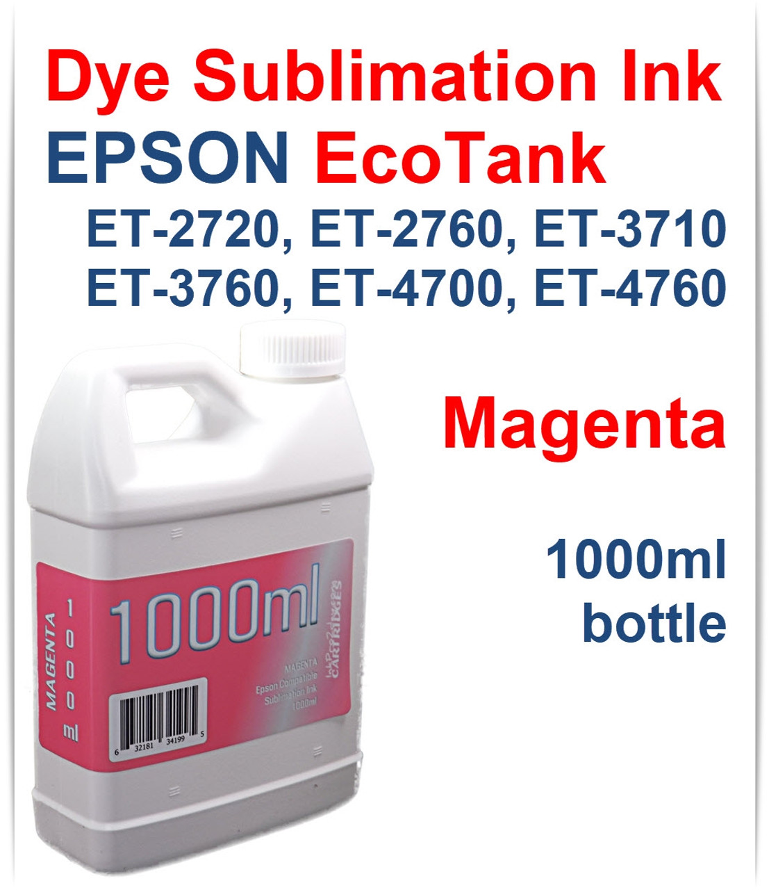 Magenta EPSON EcoTank ET-2720 ET-2760 ET-3710 ET-3760 ET-4700 ET-4760 Printer 1000ml  Dye Sublimation Bottle Ink