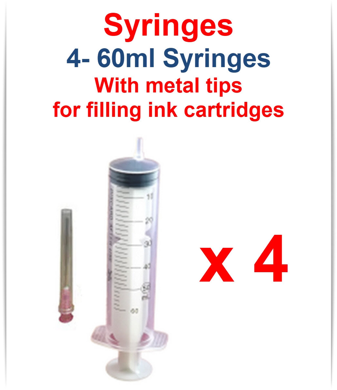 4- 60ml Syringes - Refillable Cartridge filling Syringe with metal tips