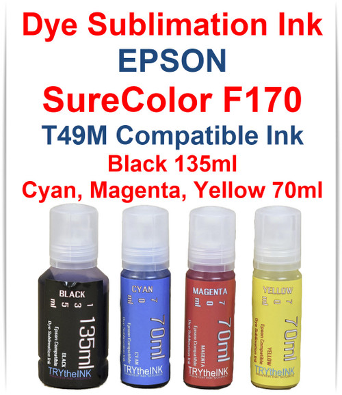 4- bottles Dye Sublimation Ink for EPSON SureColor F170 printer
Included in package: 1- 135ml Black, 1- 70ml Cyan, 1- 70ml Magenta, 1- 70ml Yellow bottles of Dye Sublimation Ink