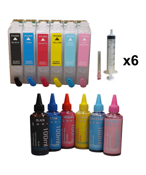 6- Dye Sublimation Ink 100ml Bottles 6- Refillable Ink Cartridges for Epson Stylus Photo R260 R280 R380 RX580 RX595 RX680 printers