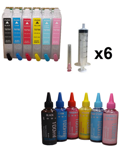 6 Dye Sublimation Ink 100ml bottles 6 Refillable Ink Cartridges with auto reset chip for Epson Stylus Photo 1400 Printer