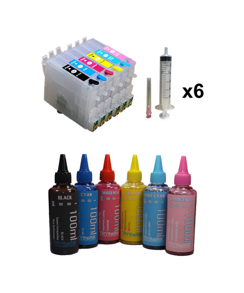 6- Dye Sublimation Ink 100ml bottles 6- Refillable Ink Cartridges with auto reset chips for Epson Stylus Photo R200 R220 R300 printers