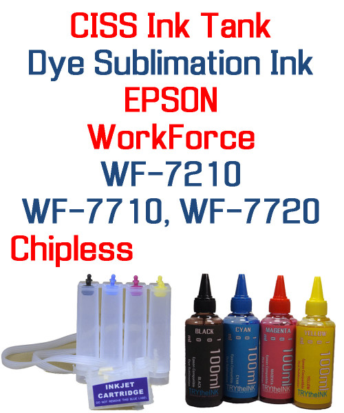 CISS Chipless Ink Tank 4 100ml Bottles Dye Sublimation Ink for Epson WorkForce WF-7210 WF-7710 WF-7720 Printers