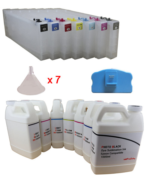 7 Refillable Ink Cartridge Package with 1000ml Bottles Dye Sublimation Ink for Epson Stylus Pro 7600, 9600 Printers