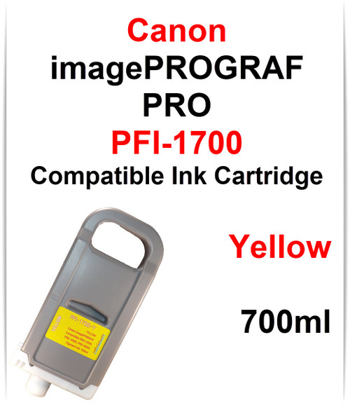 PFI-1700 Yellow compatible Pigment Ink cartridges 700ml Canon imagePROGRAF PRO printers
CANON imagePROGRAF PRO-2000, PRO-4000, PRO-4000S, PRO-6000, PRO-6000S, PRO-2100, PRO-4100, PRO-4100S, PRO-6100, PRO-6100S printers