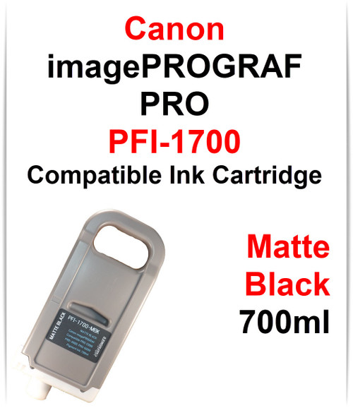 PFI-1700 Matte Black compatible Pigment Ink cartridges 700ml Canon imagePROGRAF PRO printers
CANON imagePROGRAF PRO-2000, PRO-4000, PRO-4000S, PRO-6000, PRO-6000S, PRO-2100, PRO-4100, PRO-4100S, PRO-6100, PRO-6100S printers