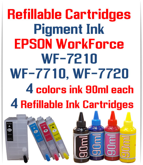 Pigment ink 90ml bottles and Refillable ink cartridge package
Epson WorkForce WF-7210, WorkForce WF-7710, WorkForce WF-7720 Printers