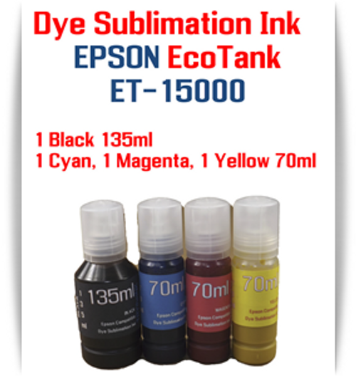 EPSON EcoTank ET-15000 Printer 4 Color bottles Dye Sublimation Bottle Ink 
1- 135ml Black, 1- 70ml Cyan, 1- 70ml Magenta, 1- 70ml Yellow bottles of Dye Sublimation Ink