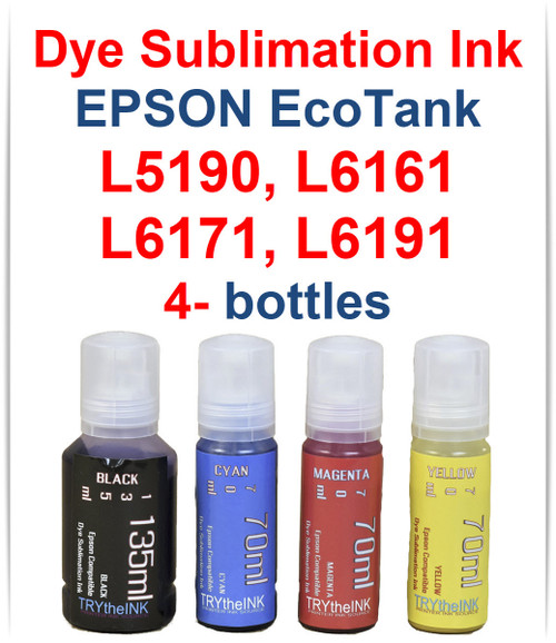 4- bottles Dye Sublimation Ink for EPSON EcoTank L5190 L6161 L6171 L6191 Printer 
1-135ml  Black, 1- 70ml Cyan, 1- 70ml Magenta, 1- 70ml Yellow bottles of Dye Sublimation Ink