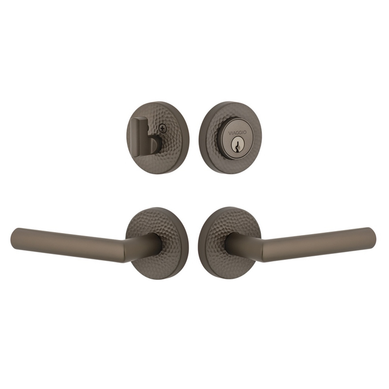 Viaggio Circolo Hammered Rosette with Moderno Lever and matching Deadbolt  in Titanium Gray - 630207-CLOMHMMOD-TG