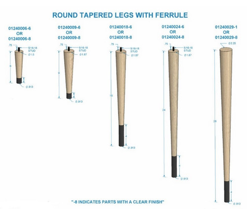 24" Round Tapered Leg with bolt & 4" Brushed Aluminum Ferrule Hardwood 1.87" Diam. x 24" H